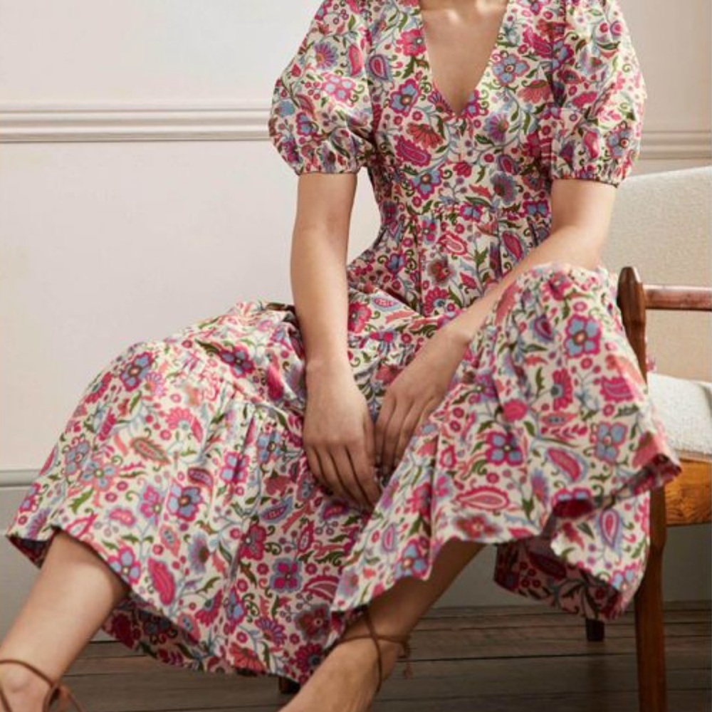 Boden Puff Sleeve Tiered Midi Dress  Ivory Paradise (NWT)